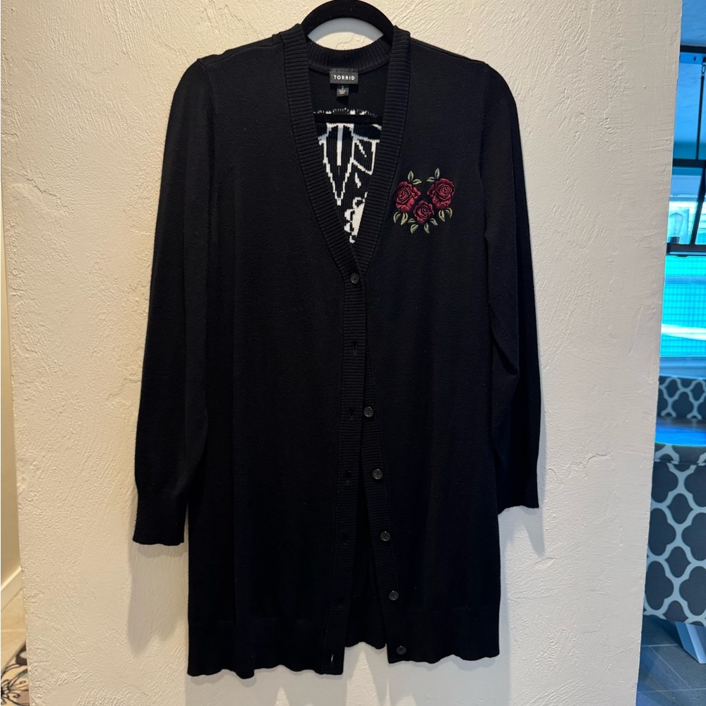 Torrid Black Cardigan with Skull and Floral Embroidery